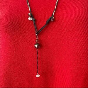 Multi Bead Design  Double Silver Black Wire Chain Necklace